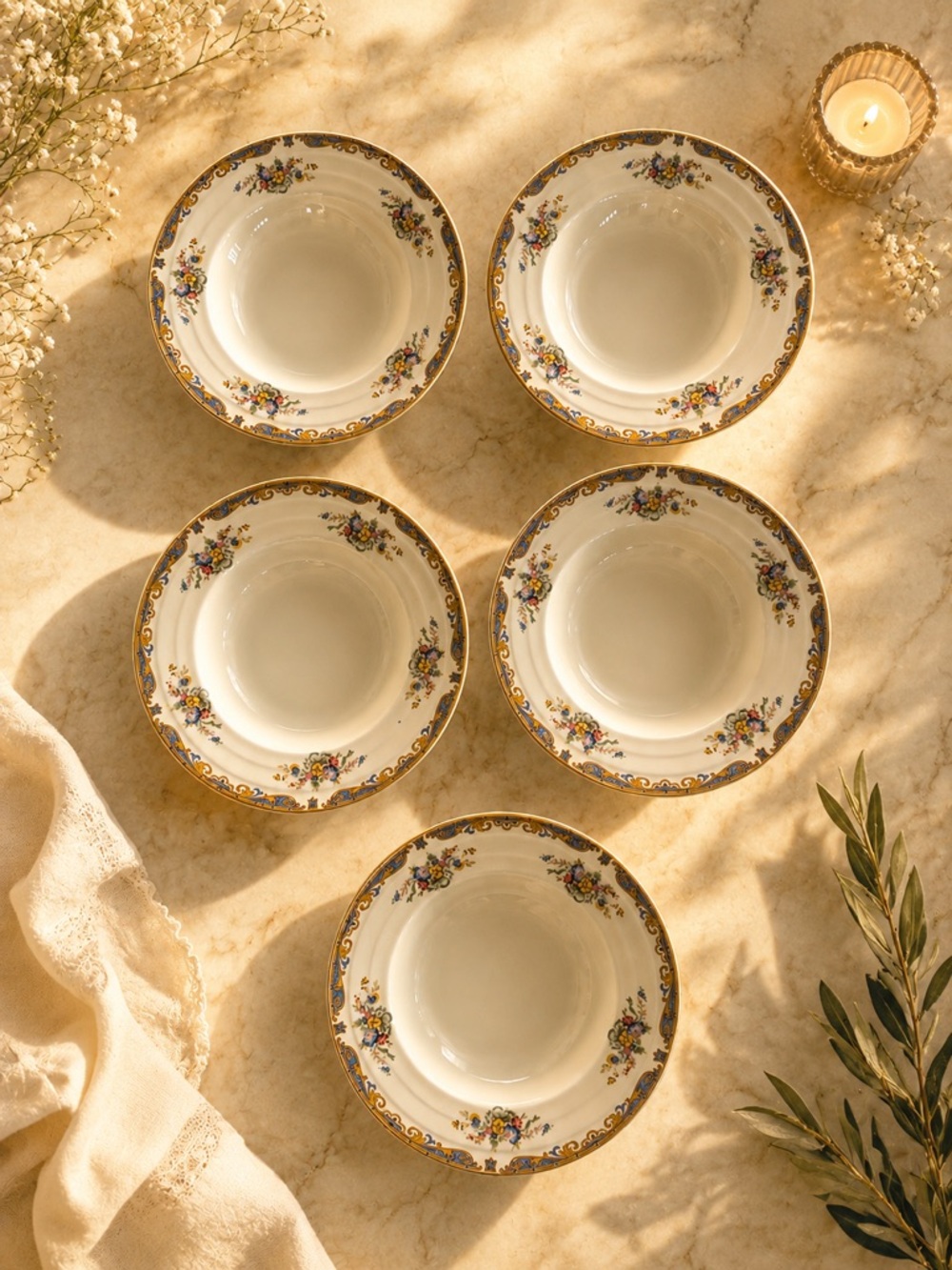 Vintage Grindley England 8.5” Rimmed Soup Bowls Set Of 5 Floral